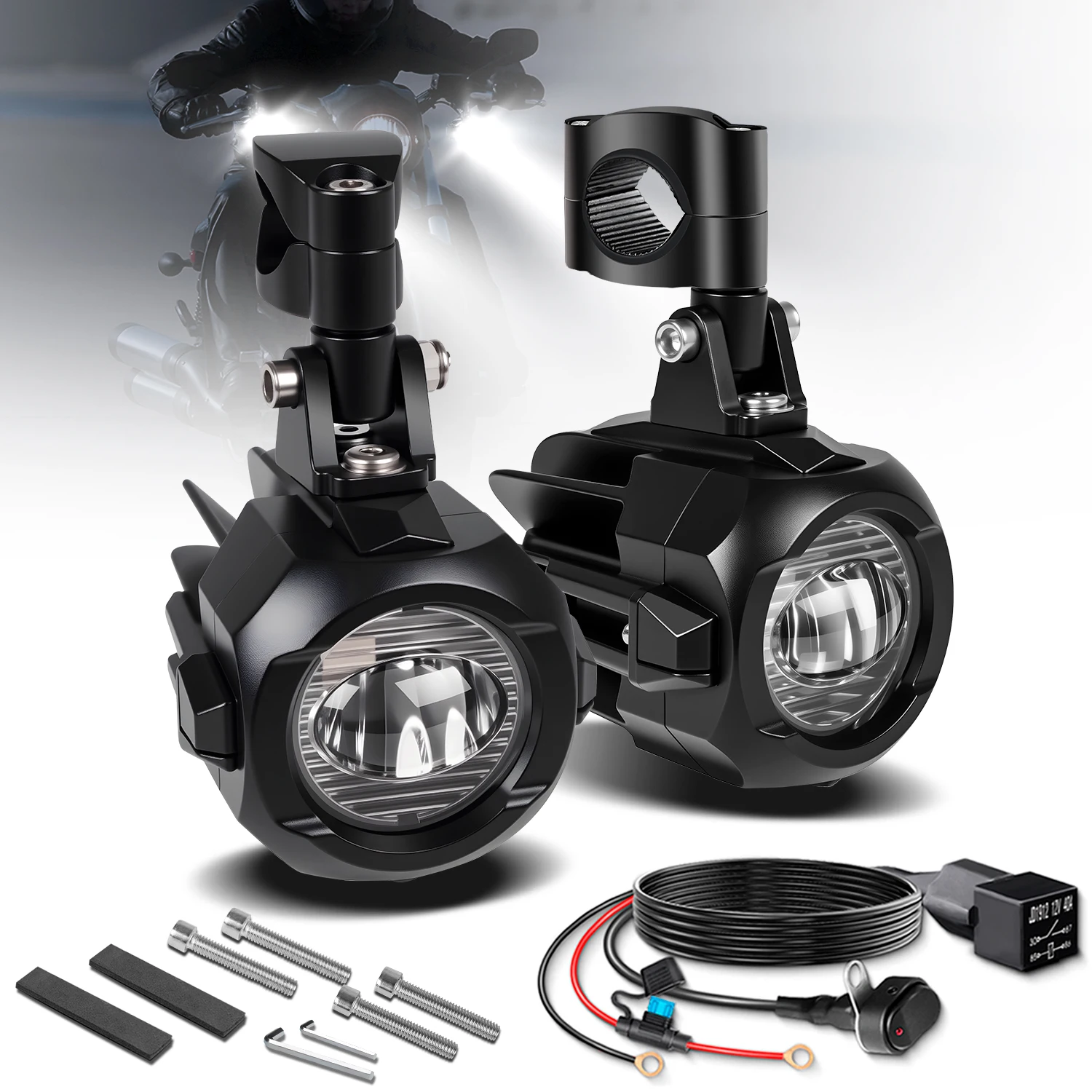 12V 40W Motorcycle LED Auxiliary Fog Lights IP67 Waterproof 6000K Super Bright Driving Spotlights with Switch Wiring Harness
12V 40W Motorcycle LED Auxiliary Fog Lights IP67 Waterproof 6000K Super Bright Driving Spotlights with Switch Wiring Harness