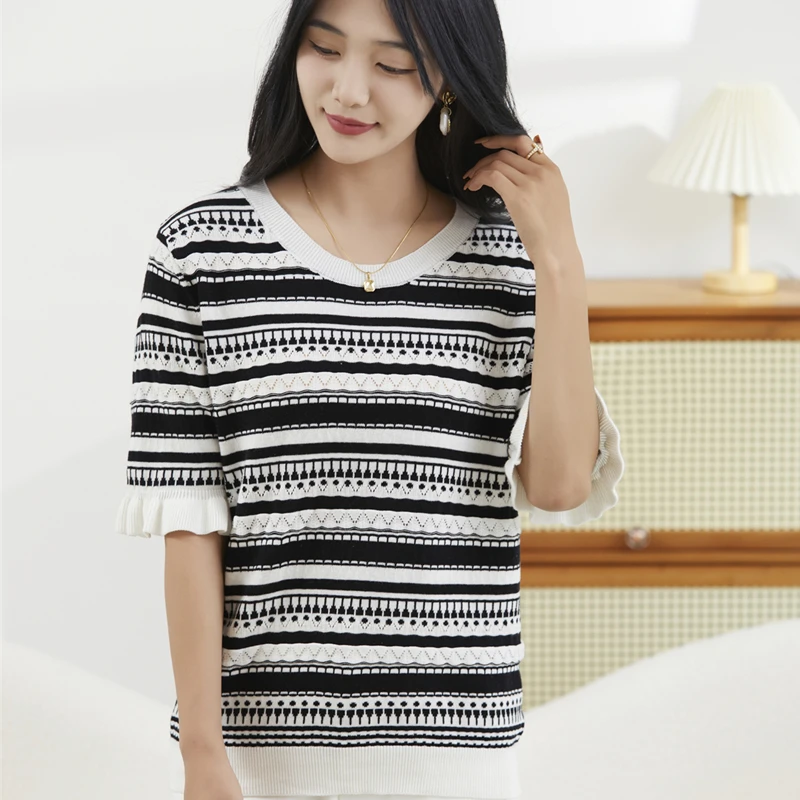 Striped Short Knitted Shoulder Short Sleeved T-shirt for Women Summer Design Sense of Minority Small Top
Striped Short Knitted Shoulder Short Sleeved T-shirt for Women Summer Design Sense of Minority Small Top