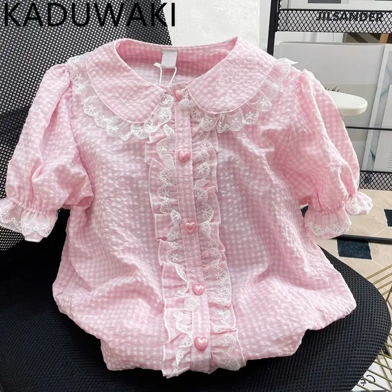 Lace Peter Pan Collar Puff Short Sleeve Blouse Single Breasted Ruffles Sweet Casual Shirts Japanese Lolita JK Cute Girls Blusas
Lace Peter Pan Collar Puff Short Sleeve Blouse Single Breasted Ruffles Sweet Casual Shirts Japanese Lolita JK Cute Girls Blusas