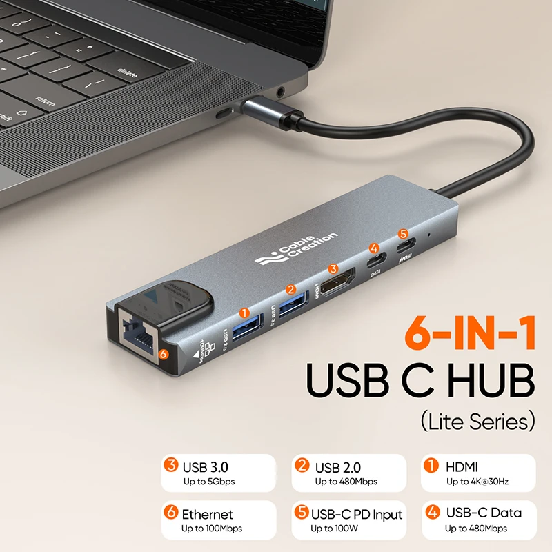 CableCreation 6 in 1 USB C Hub Multiport USB-C Adapter(Lite Series),Type C Dongle Docking Station
CableCreation 6 in 1 USB C Hub Multiport USB-C Adapter(Lite Series),Type C Dongle Docking Station
