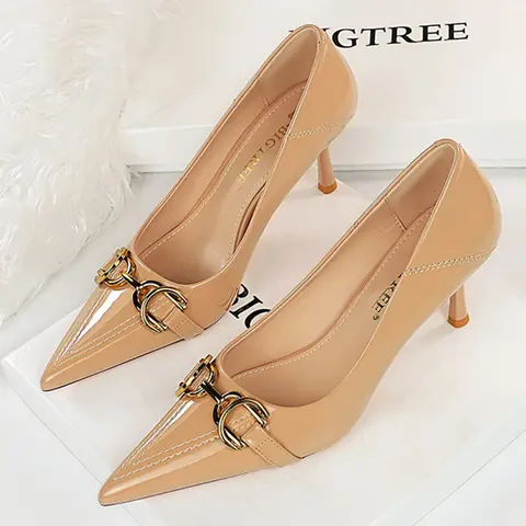Women New Elegant 7cm 10.5cm High Heels Pumps Female Red Wedding Premium Dress Shoes Lady Trendy Metal Decoration Shoes