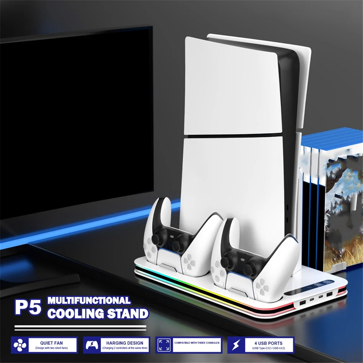 Охлаждающая подставка 2023+ 3 в 1 для зарядки / SLIM / PRO с двумя контроллерами Регулируемая RGB-подсветка с держателем для хранения дисков
Охлаждающая подставка 2023+ 3 в 1 для зарядки / SLIM / PRO с двумя контроллерами Регулируемая RGB-подсветка с держателем для хранения дисков