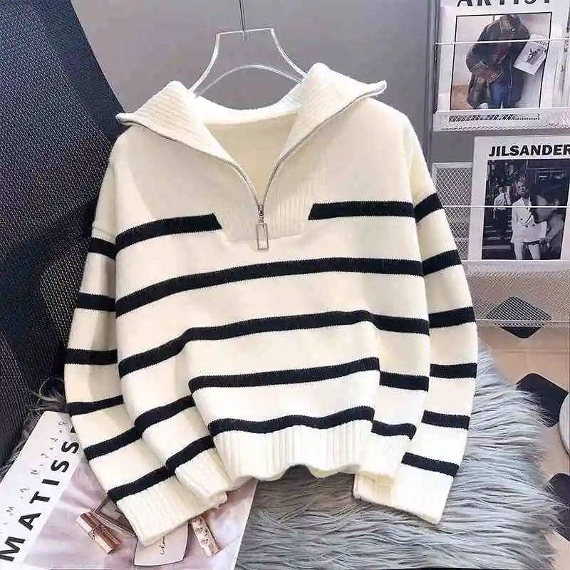 Zipper Stripe Knitted Sweaters Women Autumn Winter Korean Style Lapel Loose Pullover Knitwear Casual Versatile Sweater
Zipper Stripe Knitted Sweaters Women Autumn Winter Korean Style Lapel Loose Pullover Knitwear Casual Versatile Sweater