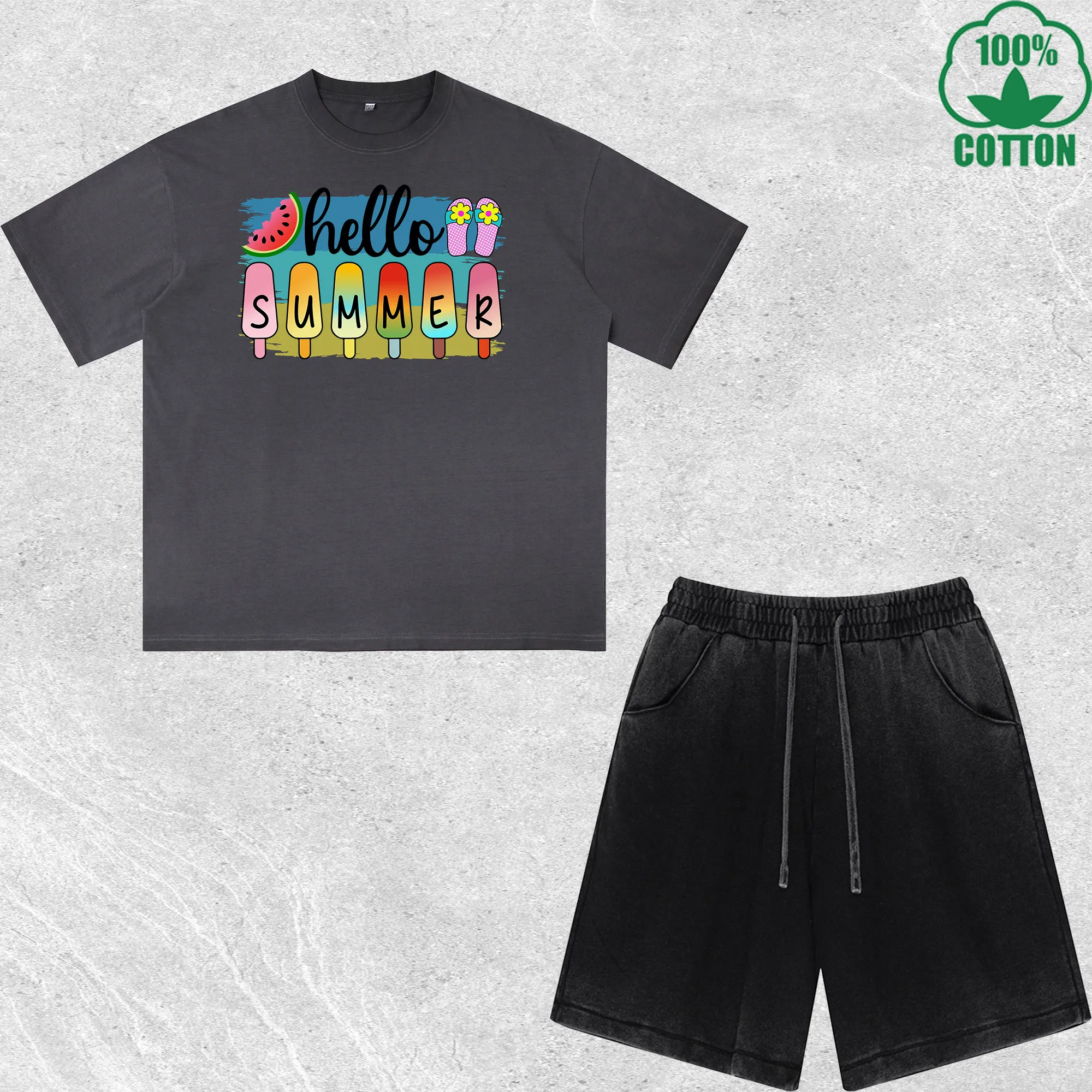Hello Summer Printed Dirty Wash T-Shirt Shorts Set Multicolor Combo Loose Trendy Fashionable 100%Cotton
Hello Summer Printed Dirty Wash T-Shirt Shorts Set Multicolor Combo Loose Trendy Fashionable 100%Cotton