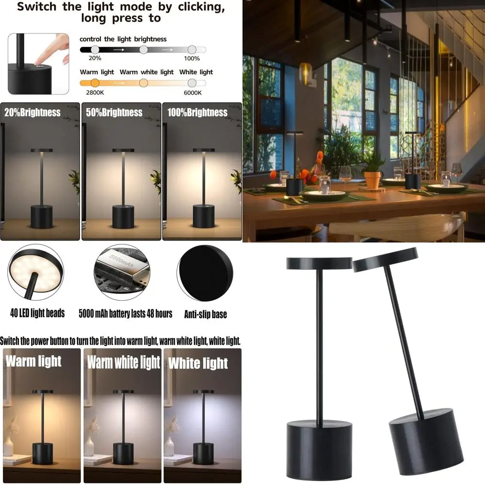 2-Pack Rechargeable LED Desk Lamps, 5000mAh Battery, 3-Level Brightness, Portable Metal Lamp for Home & Outdoor, Black, 10.25in
2-Pack Rechargeable LED Desk Lamps, 5000mAh Battery, 3-Level Brightness, Portable Metal Lamp for Home & Outdoor, Black, 10.25in
