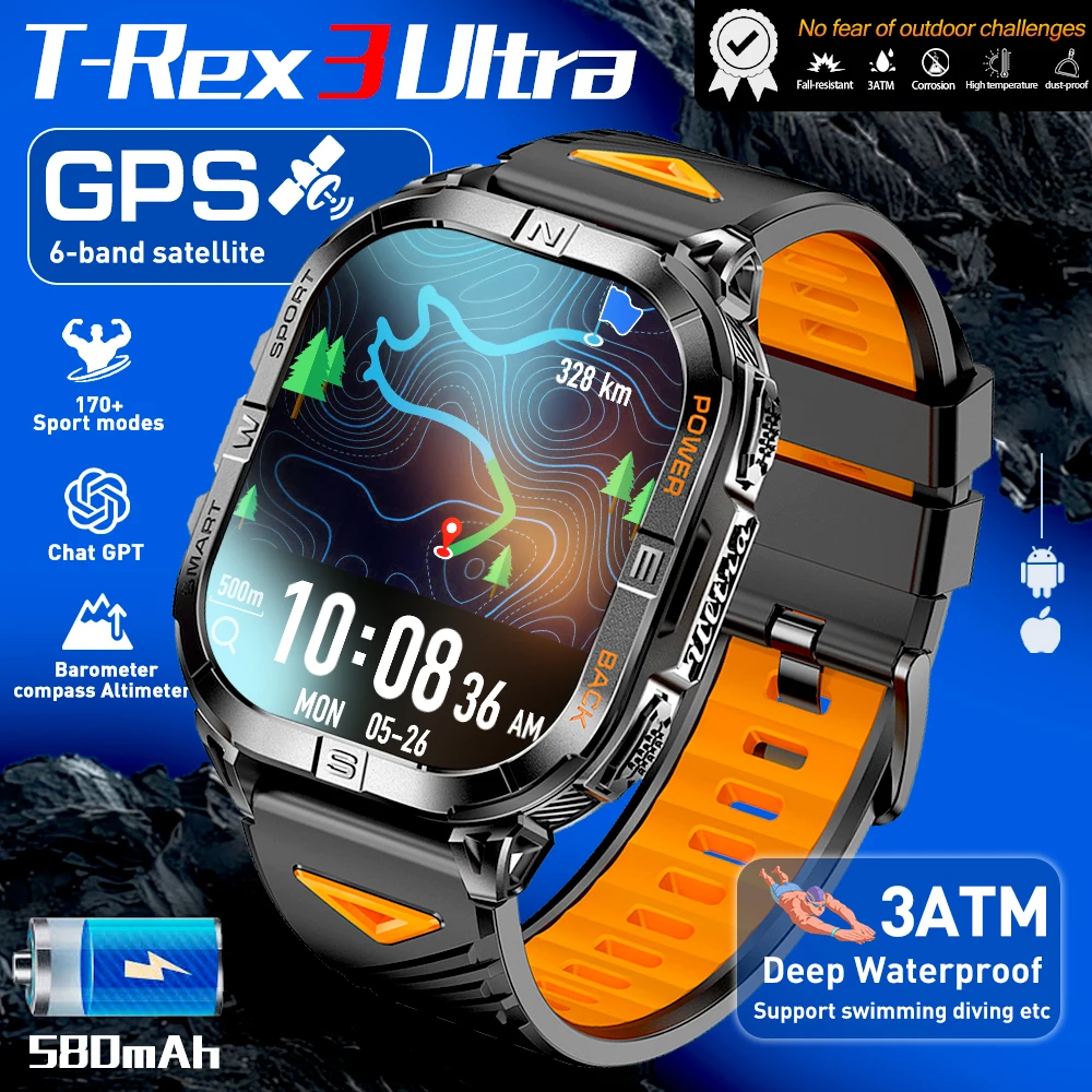 2025 New Military T-Rex 3 Ultra GPS Smart Watch 3ATM Waterproof Flashlight Heart Rate Sports tracker Smartwatch 580 mAh Battery
2025 New Military T-Rex 3 Ultra GPS Smart Watch 3ATM Waterproof Flashlight Heart Rate Sports tracker Smartwatch 580 mAh Battery