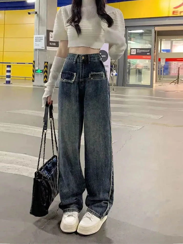 Retro Loose Frayed Jeans Women's Spring Autumn High Waist Slim Splicing Wide Leg Straight Tube Floor-Length Trendy Pants
Retro Loose Frayed Jeans Women's Spring Autumn High Waist Slim Splicing Wide Leg Straight Tube Floor-Length Trendy Pants