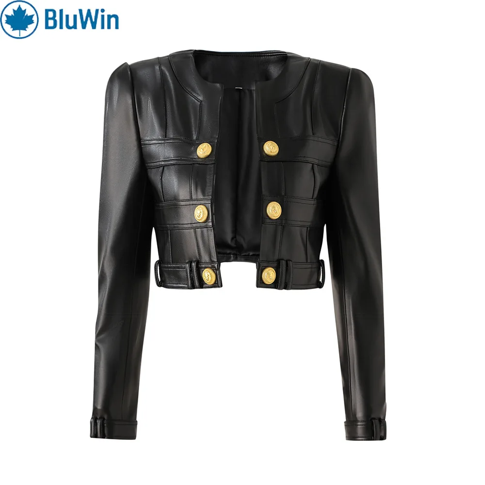 BluWin Black Cropped Leather Jacket – Gold Button Details for a Chic, Edgy Look 
BluWin Black Cropped Leather Jacket – Gold Button Details for a Chic, Edgy Look