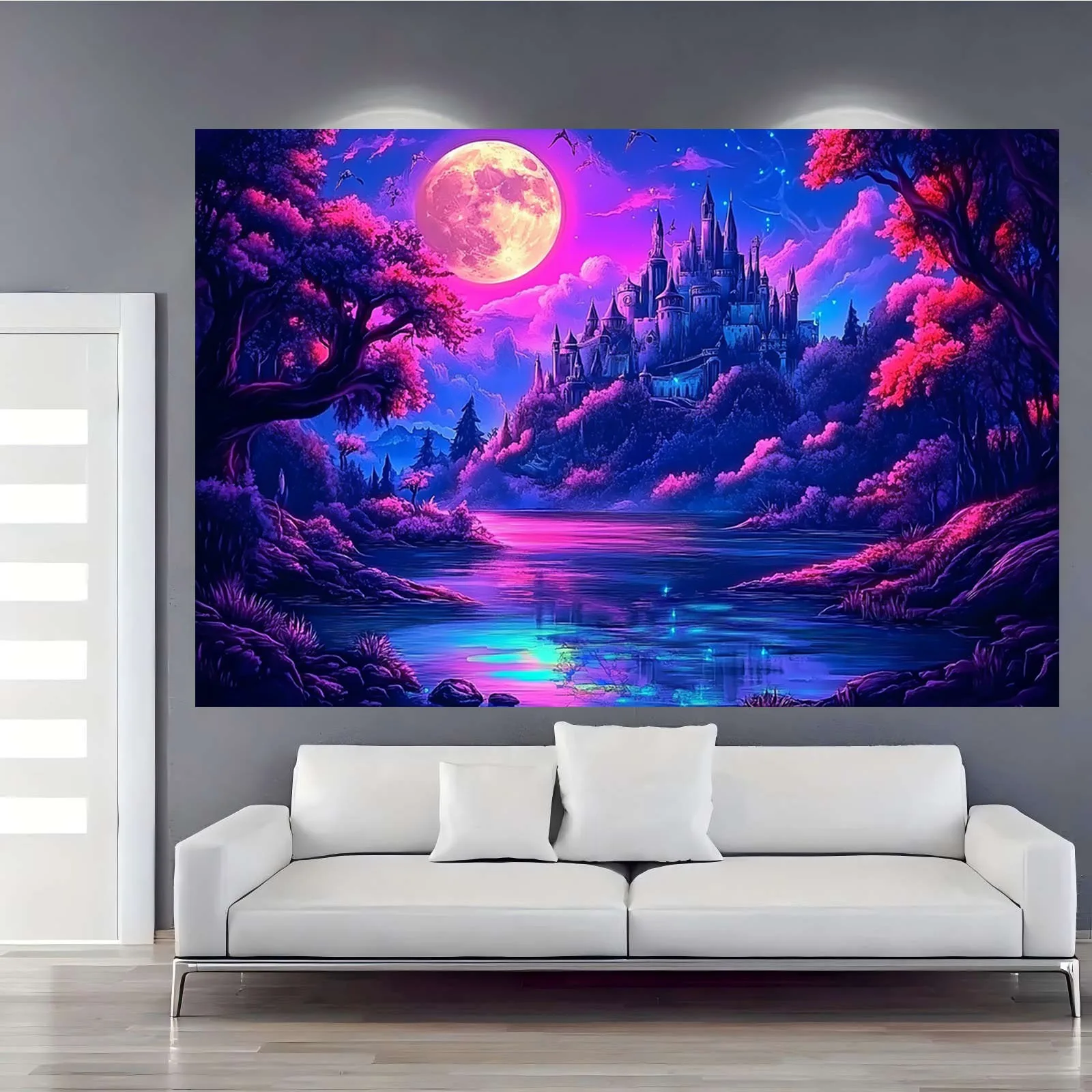 Enchanted Castle Under Neon Moon Tapestry,UV tapestry wall hanging bedroom home party decoration
Enchanted Castle Under Neon Moon Tapestry,UV tapestry wall hanging bedroom home party decoration