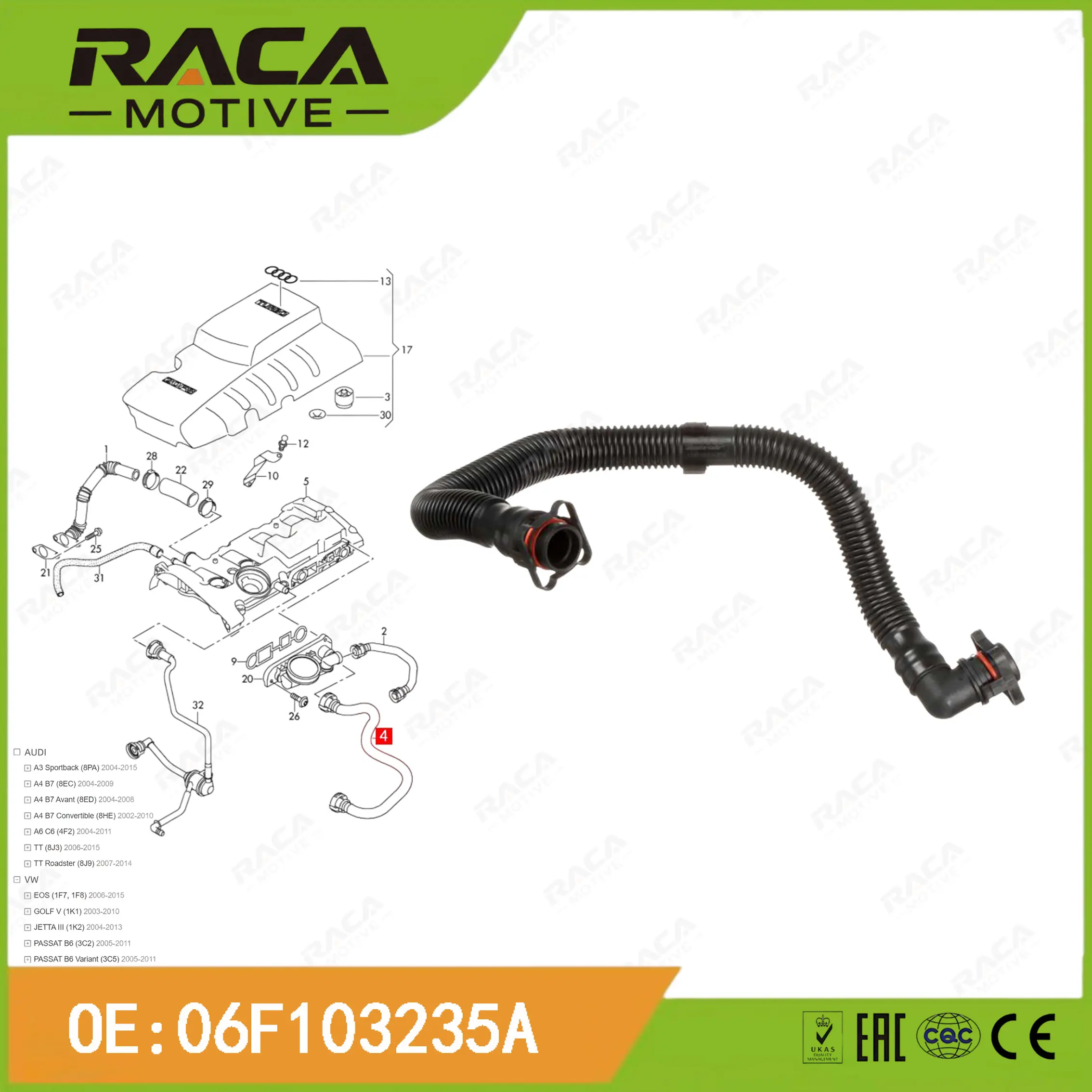 Engine Crankcase/Valve Cover Ventilation Hose for Audi A3 A4 B7 A6 C6 Tt (8J3/8J9) Vw Eos Golf Jetta Passat B6 (3C2/3C5) 06F103235A
Engine Crankcase/Valve Cover Ventilation Hose for Audi A3 A4 B7 A6 C6 Tt (8J3/8J9) Vw Eos Golf Jetta Passat B6 (3C2/3C5) 06F103235A