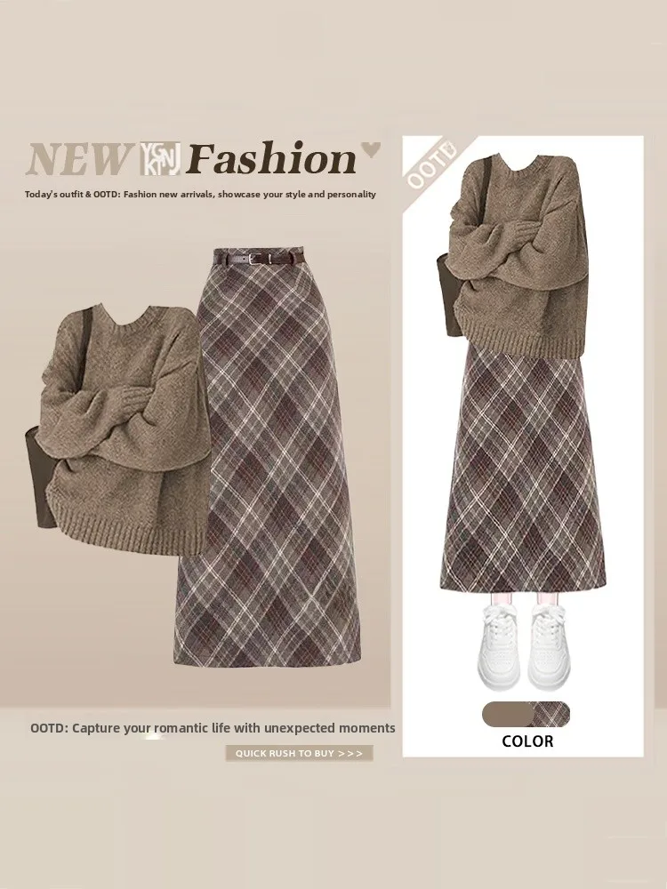 Autumn Winter Knitted Sweater High Waist Plaid Skirt Two Piece Set Slimming Effect Vintage Lazy Style Women's Fashion
Autumn Winter Knitted Sweater High Waist Plaid Skirt Two Piece Set Slimming Effect Vintage Lazy Style Women's Fashion