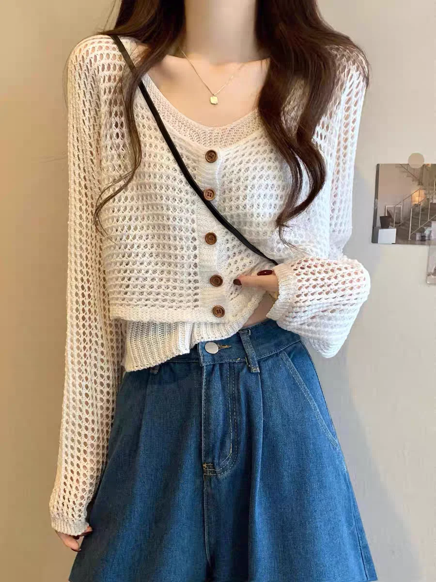 Women's ort Svel Knitted Sunscreen Me Hollow out Top V-Ne Long Sve Cardigan Two-Piece Set Spring Faion
Women's ort Svel Knitted Sunscreen Me Hollow out Top V-Ne Long Sve Cardigan Two-Piece Set Spring Faion