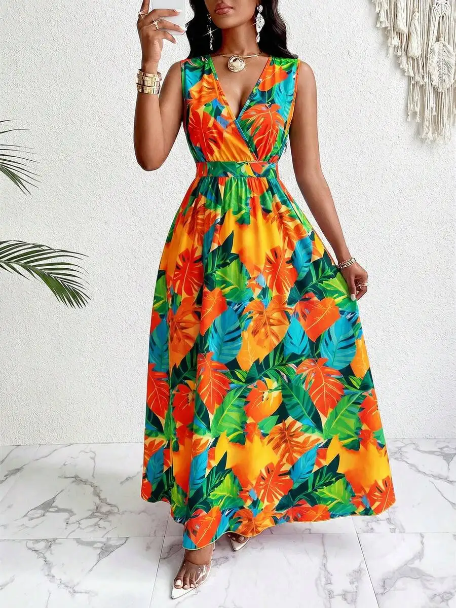 Tropical Print V-Neck Wrap Waist Maxi Dress For Women
Tropical Print V-Neck Wrap Waist Maxi Dress For Women