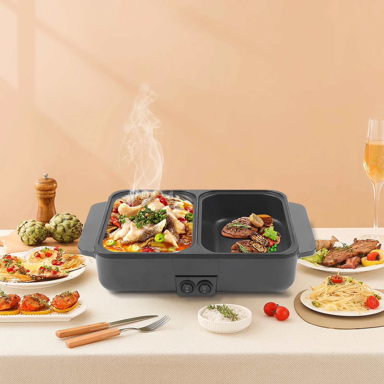 Mini Shabu All-in-One Cooker Hot Pot with Grill,2 in 1 Indoor Non-Stick Electric Hot Pot and Frying Pan (black)
Mini Shabu All-in-One Cooker Hot Pot with Grill,2 in 1 Indoor Non-Stick Electric Hot Pot and Frying Pan (black)