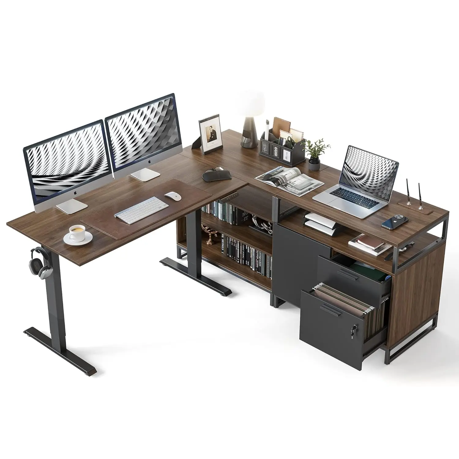 66in L-Shaped Electric Height Adjustable Desk with Drawers & Shelves Home Office Black Walnut Frame, Customized
66in L-Shaped Electric Height Adjustable Desk with Drawers & Shelves Home Office Black Walnut Frame, Customized