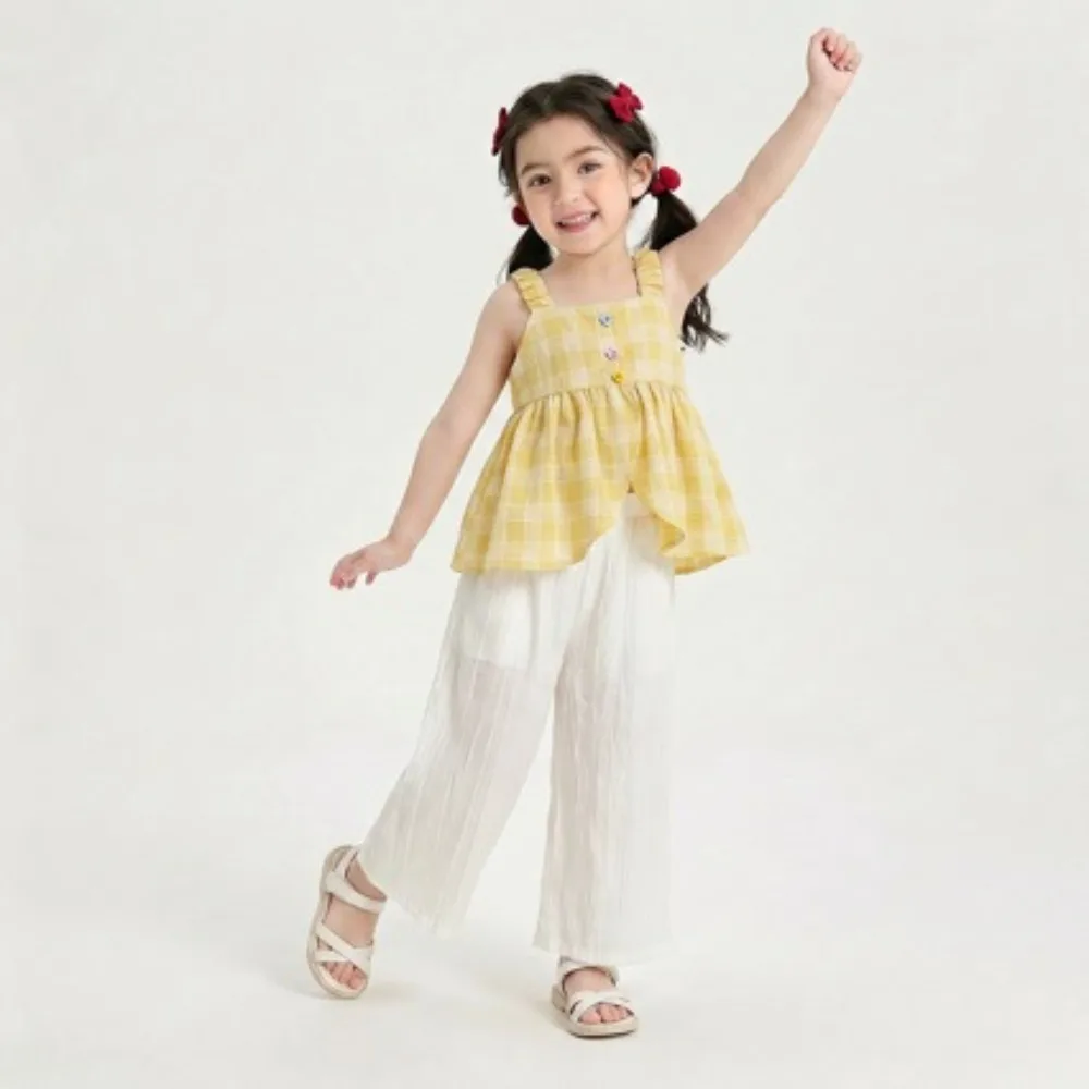 2026 Summer Korean Girls 2Pcs Outfit, Fresh Plaid Cami Top Loose Wide Leg Mosquito Pants Toddler Suit for 90-140cm
2026 Summer Korean Girls 2Pcs Outfit, Fresh Plaid Cami Top Loose Wide Leg Mosquito Pants Toddler Suit for 90-140cm