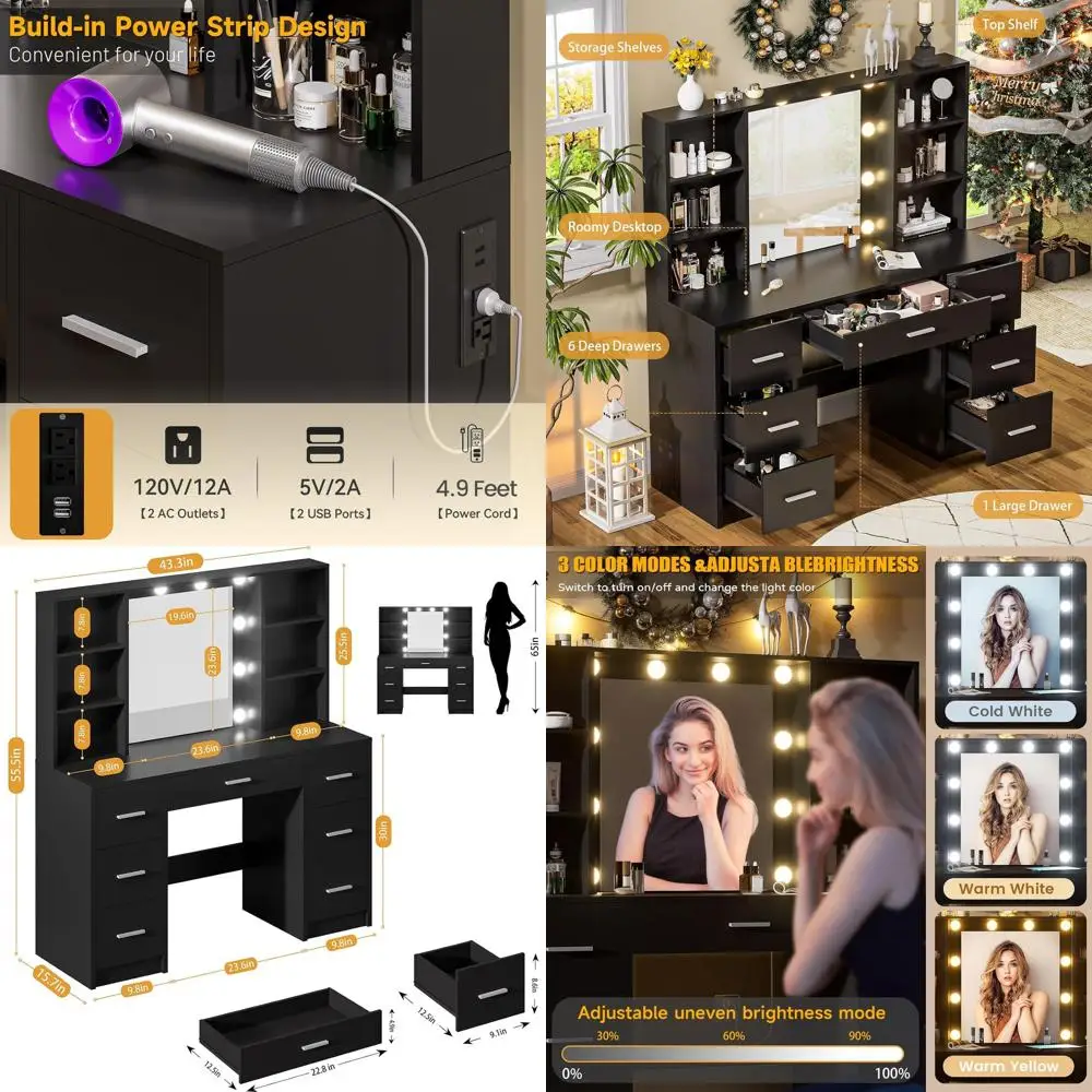 Large Makeup Vanity Desk with Mirror, 10 Lights, Power Outlet, Shelves, 7 Drawers, 3-Color Adjustable Lighting, Bedroom Vanity T
Large Makeup Vanity Desk with Mirror, 10 Lights, Power Outlet, Shelves, 7 Drawers, 3-Color Adjustable Lighting, Bedroom Vanity T
