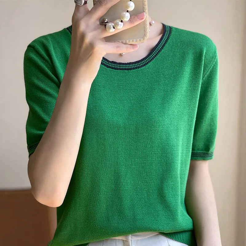 Women's T-shirt Summer 100% Cotton Knitted Sweater Short Sleeve Casual Color blocked O-neck Pullover Fashion Loose Women's Top
Women's T-shirt Summer 100% Cotton Knitted Sweater Short Sleeve Casual Color blocked O-neck Pullover Fashion Loose Women's Top