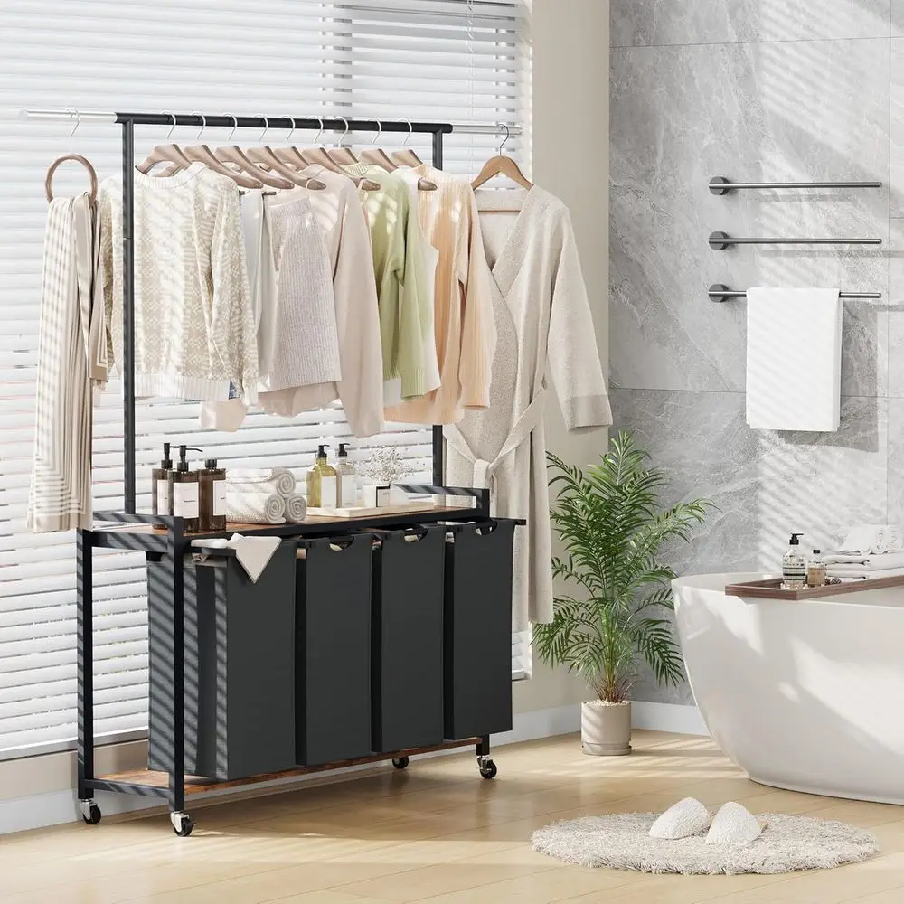 Rolling Laundry Cart with Hanging Rack & Utility Shelf | 4-Section Laundry Sorter Hamper with Lockable Wheels | Laundry Basket O
Rolling Laundry Cart with Hanging Rack & Utility Shelf | 4-Section Laundry Sorter Hamper with Lockable Wheels | Laundry Basket O