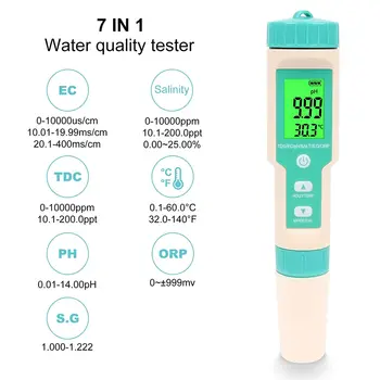 Digital 7 in 1 PH/TDS/EC/Salt/ORP/SG/Temp Meter Waterproof High Accuracy Tester for Hydroponic Nutrients, Pool, Aquarium Soil