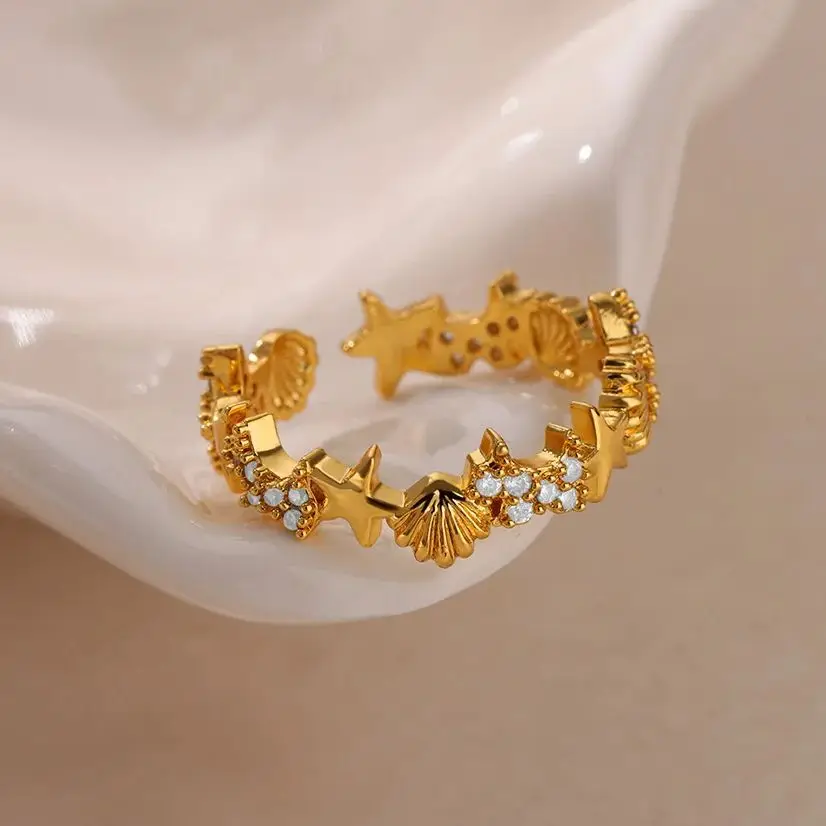 Stars Zircon Open Stainless Steel Shell Rings For Women Gold Color Adjustable Wedding Party Ring Jewelry Gift Femme anillos
Stars Zircon Open Stainless Steel Shell Rings For Women Gold Color Adjustable Wedding Party Ring Jewelry Gift Femme anillos