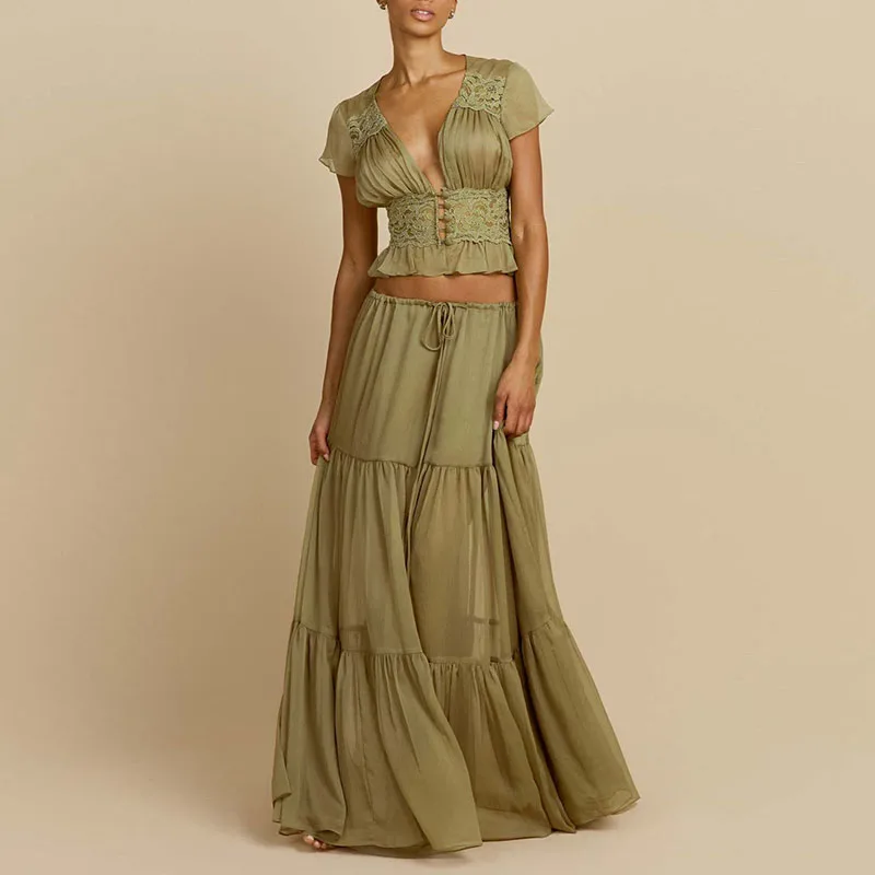 Elegant Lady Simple Slim Swing Two Piece Sexy V-neck Short Sleeve Tops&Half Skirts Sets Casual Solid Color Chiffon Vacation Set
Elegant Lady Simple Slim Swing Two Piece Sexy V-neck Short Sleeve Tops&Half Skirts Sets Casual Solid Color Chiffon Vacation Set