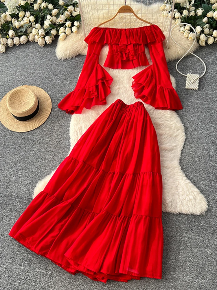 Summer women's beach vacation set new sexy red ruffled flared sleeve shirt half skirt two-piece set S353
Summer women's beach vacation set new sexy red ruffled flared sleeve shirt half skirt two-piece set S353