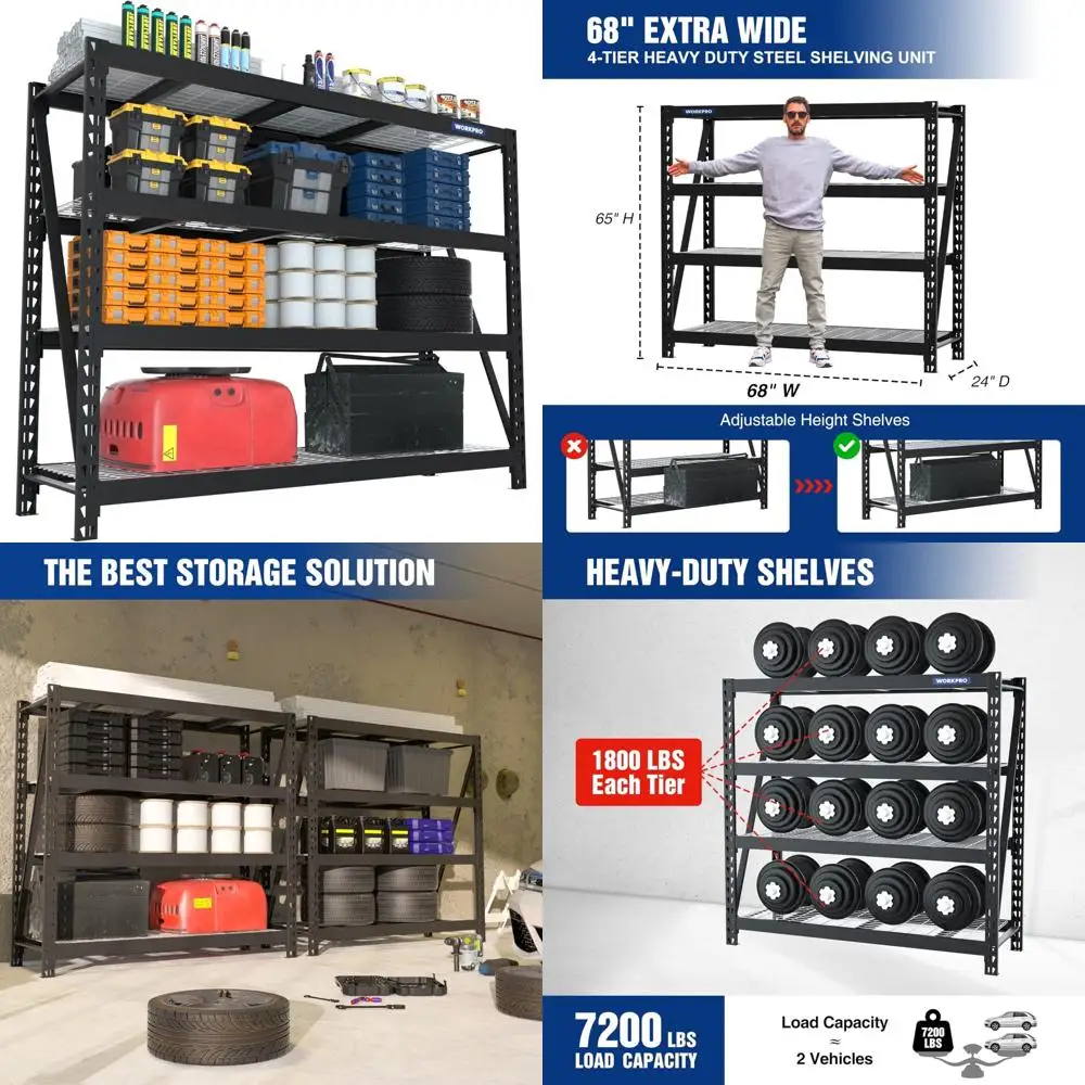Heavy Duty 4-Tier Metal Garage Shelving, 68 Wide x 24 Deep x 65 High, 7200 lbs Capacity, Ultra Wide Storage Rack for Utility and
Heavy Duty 4-Tier Metal Garage Shelving, 68 Wide x 24 Deep x 65 High, 7200 lbs Capacity, Ultra Wide Storage Rack for Utility and