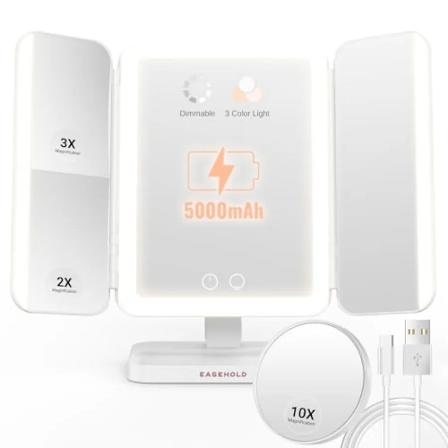 Lighted Makeup Mirror with Magnification, Makeup Mirror with ligths, 2X 3X 10X Magnifying, Rechargable LED Mirror with 3 Colors
Lighted Makeup Mirror with Magnification, Makeup Mirror with ligths, 2X 3X 10X Magnifying, Rechargable LED Mirror with 3 Colors