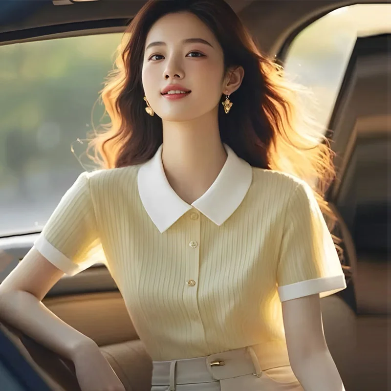 Office Lady Fashion Solid Button T-shirt Summer Short Style Knit Elasticity Tops Women Clothing Simple Casual Cardigan
Office Lady Fashion Solid Button T-shirt Summer Short Style Knit Elasticity Tops Women Clothing Simple Casual Cardigan