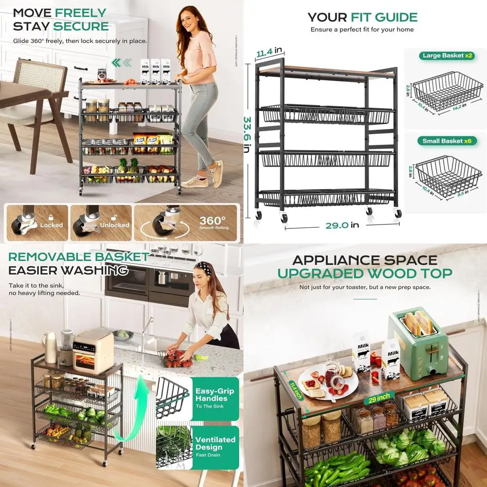 4-уровневая кухонная тележка с деревянной столешницей, 29-секционная тележка для хранения с 8 корзинами и колесами для организации фруктов и овощей
4-уровневая кухонная тележка с деревянной столешницей, 29-секционная тележка для хранения с 8 корзинами и колесами для организации фруктов и овощей