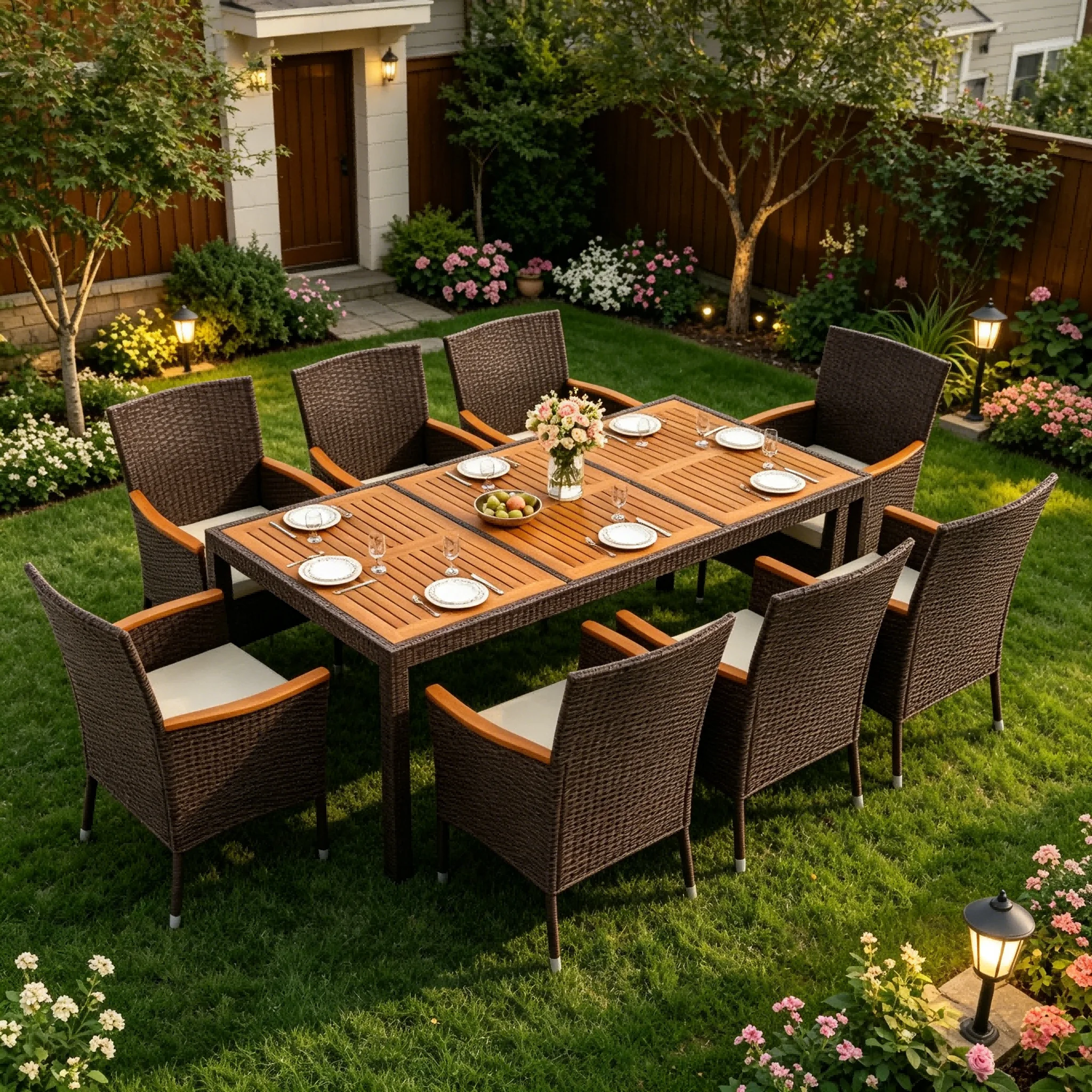 Flamaker 5/7/9Pcs Outdoor Patio Dining Set Acacia Wood Table Wicker Patio Chairs with Soft Cushions for Backyard Balcony Garden
Flamaker 5/7/9Pcs Outdoor Patio Dining Set Acacia Wood Table Wicker Patio Chairs with Soft Cushions for Backyard Balcony Garden