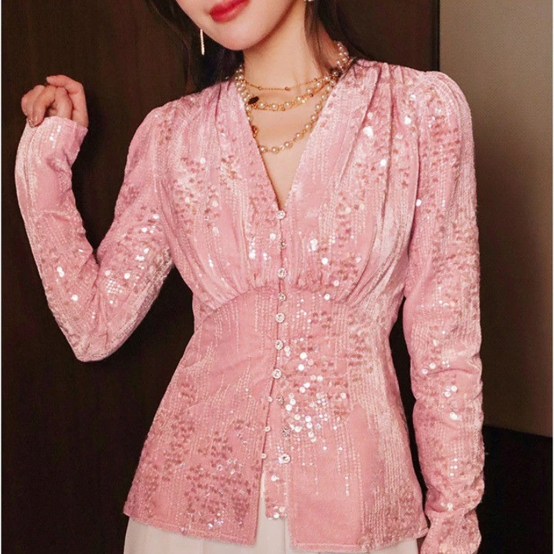 Korean Spring Fall Women V Neck Embroidery High Waist Sequins Velvet Top T Shirt , Woman Bling Bling Glitters Velour Tops Shirts
Korean Spring Fall Women V Neck Embroidery High Waist Sequins Velvet Top T Shirt , Woman Bling Bling Glitters Velour Tops Shirts