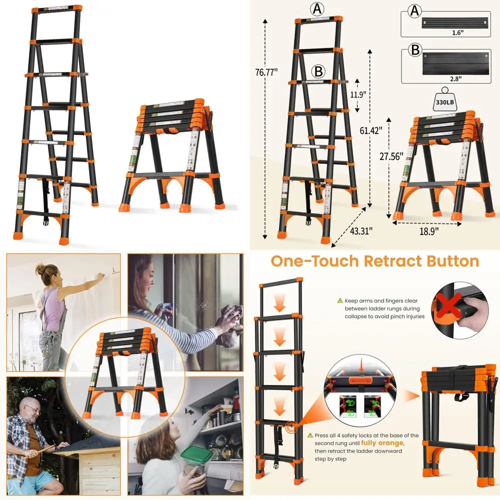 Алюминиевая телескопическая лестница, выдвижная 1 кнопка, портативная складная конструкция, грузоподъемность 330 фунтов для домашнего и автофургона (1,7 + 2 м)
Алюминиевая телескопическая лестница, выдвижная 1 кнопка, портативная складная конструкция, грузоподъемность 330 фунтов для домашнего и автофургона (1,7 + 2 м)