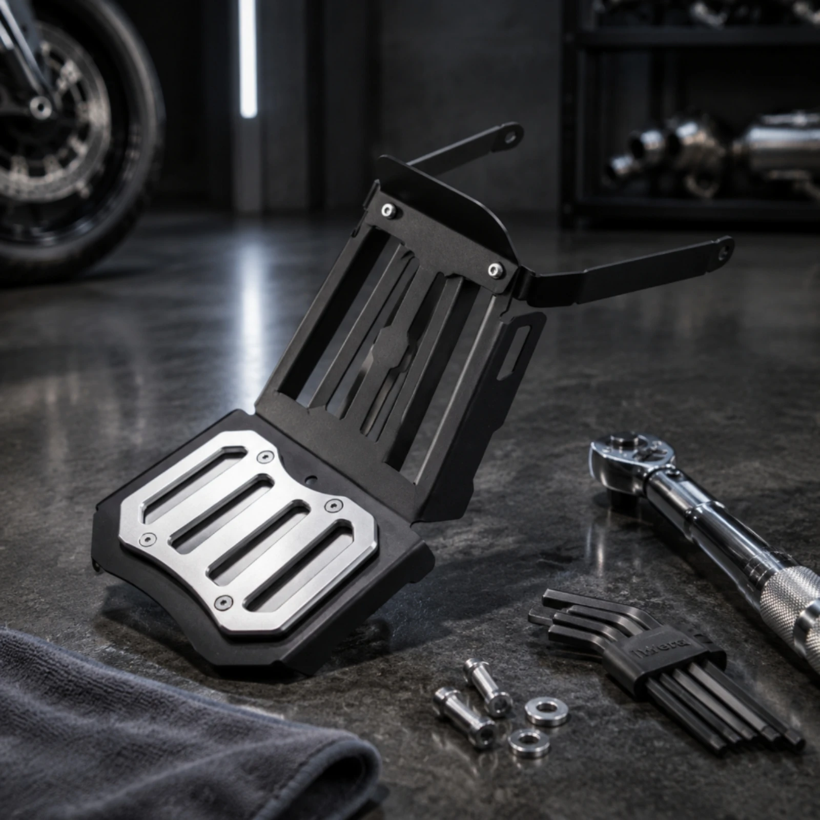 Motorcycle Front Rack Black Metal Motorcycle Front Storage Rack Vehicle Accessory Slotted uncoveredFrame
Motorcycle Front Rack Black Metal Motorcycle Front Storage Rack Vehicle Accessory Slotted uncoveredFrame