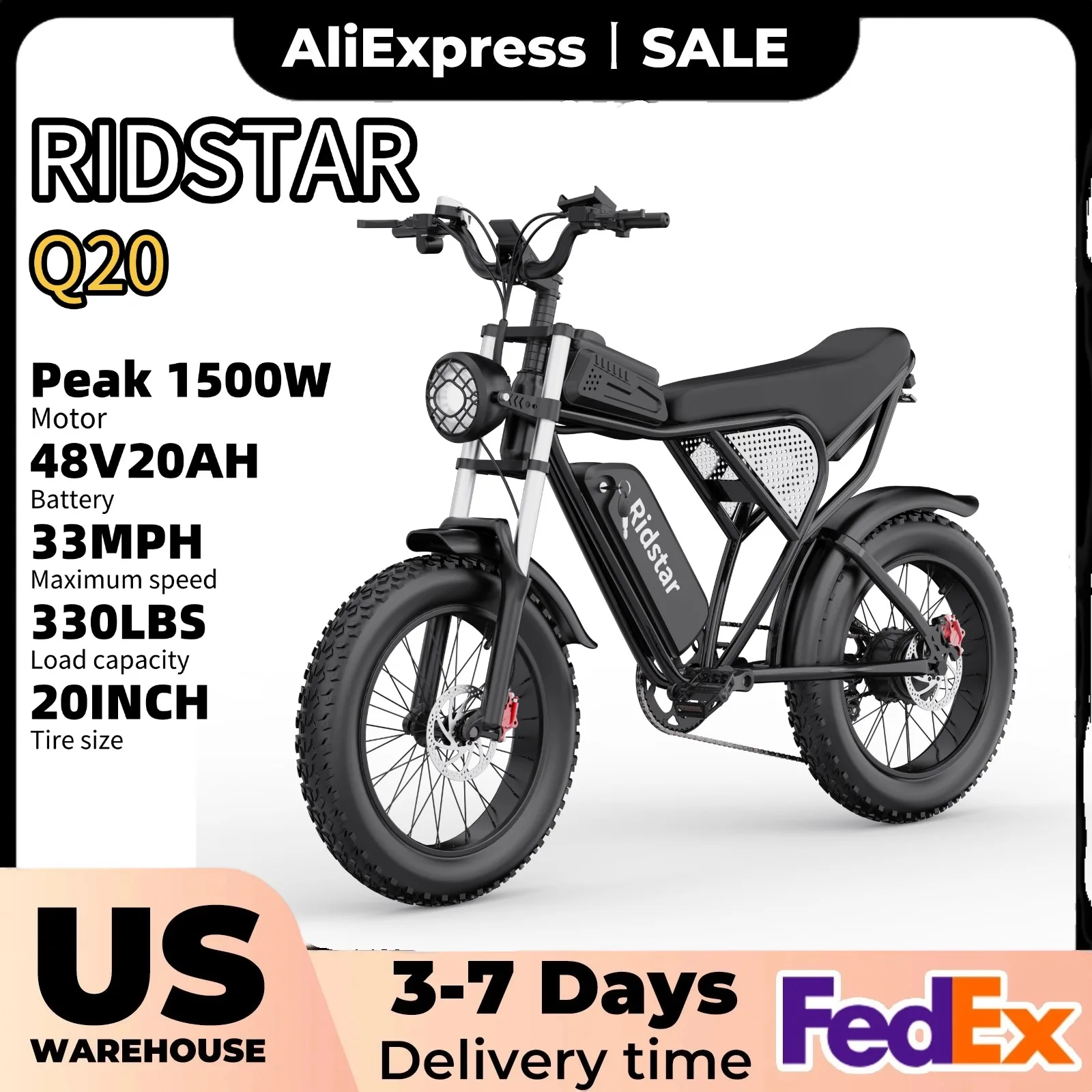 Ridstar Electric Bike for Adults 1500W 33MPH 48V 20AH 20" Fat Tire Dirt Bike Shimano 7-Speed E-Bike Commuter Ebike Motorcycle
Ridstar Electric Bike for Adults 1500W 33MPH 48V 20AH 20" Fat Tire Dirt Bike Shimano 7-Speed E-Bike Commuter Ebike Motorcycle