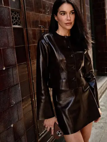 Fashion Women PU Skirt Set Casual Single Breasted Long Sleeve Female Jacket Hip Package Short Skirts Suit 2024 Lady Streetwear