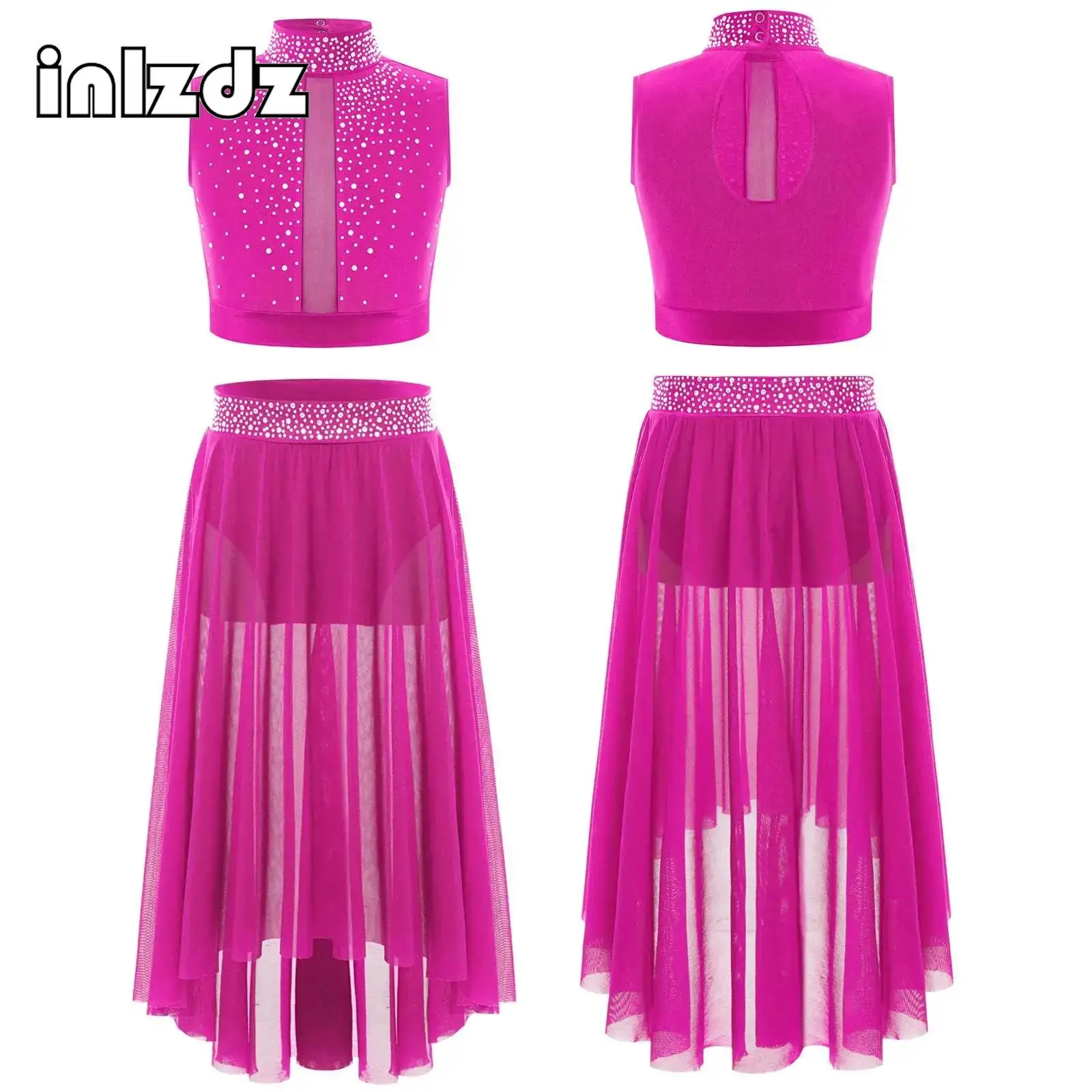 Sparkling Girl’s Dance Outfit Set Rhinestone Sleeveless Crop Top High-Low Mesh Skirt for Lyrical Stage Competition Performance 
Sparkling Girl’s Dance Outfit Set Rhinestone Sleeveless Crop Top High-Low Mesh Skirt for Lyrical Stage Competition Performance