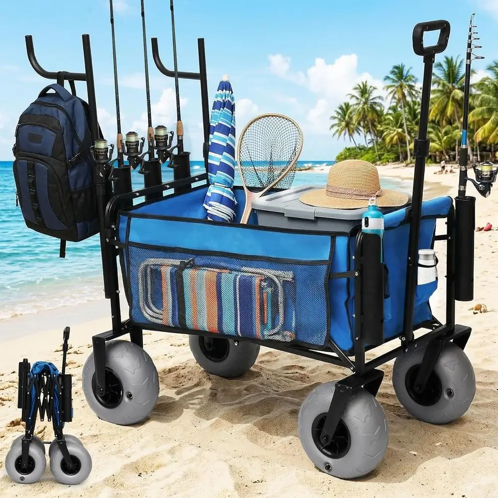 All-Terrain Collapsible Beach Cart with Rod Holders and Side Pockets, Ideal for Fishing, Camping, Outdoor Adventures
All-Terrain Collapsible Beach Cart with Rod Holders and Side Pockets, Ideal for Fishing, Camping, Outdoor Adventures