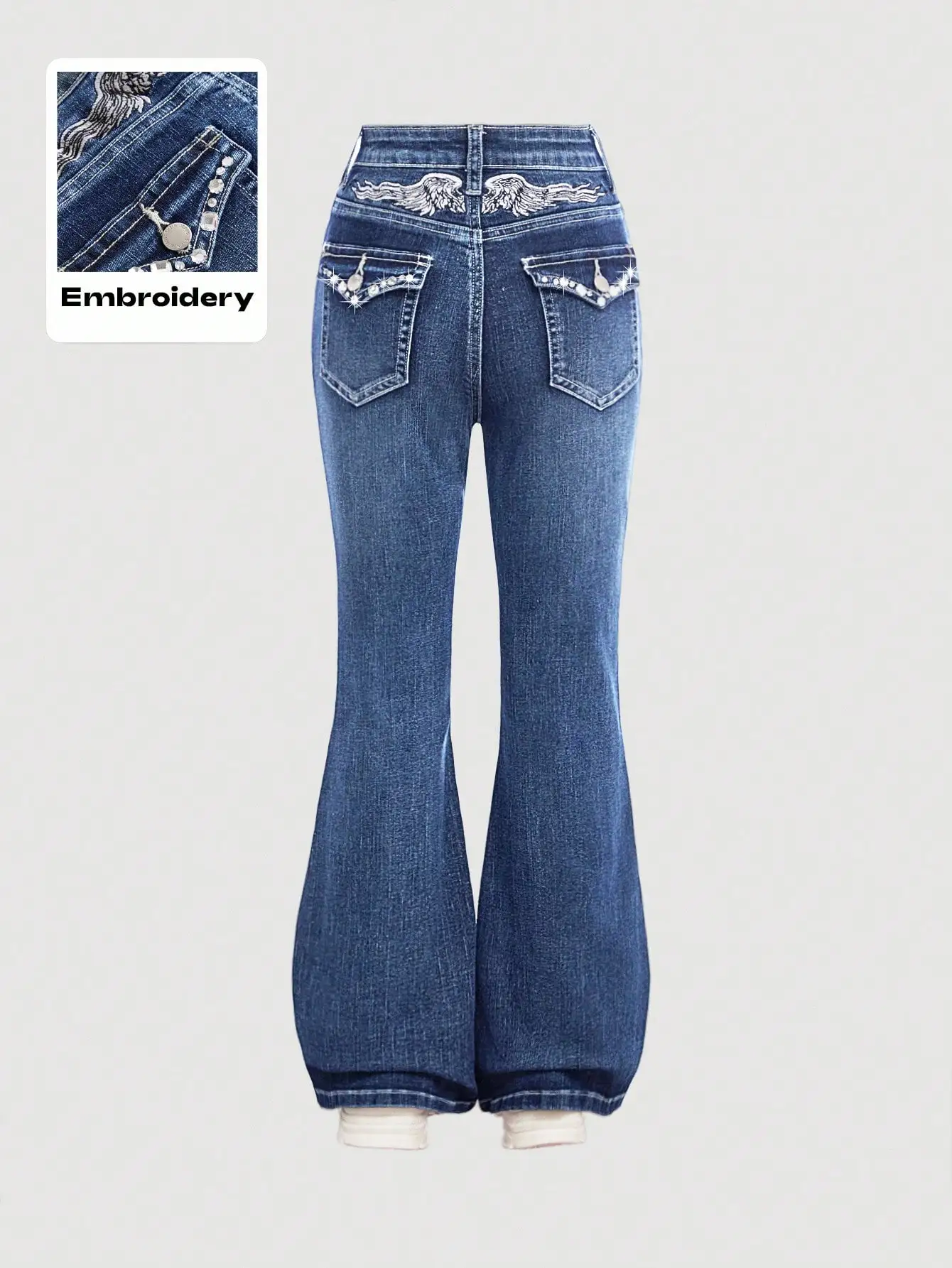Women's High-Waisted Flared Jeans with Embroidered Wings & Rhinestones on Pockets
Women's High-Waisted Flared Jeans with Embroidered Wings & Rhinestones on Pockets
