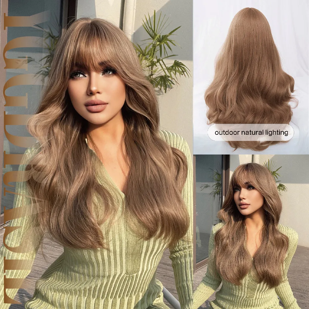 28Inch Golden Brown Vintage Style Synthetic Wigs With Bangs Long Wavy Hair Wig For Women Daily Use Drag Queen Heat Resistant
28Inch Golden Brown Vintage Style Synthetic Wigs With Bangs Long Wavy Hair Wig For Women Daily Use Drag Queen Heat Resistant