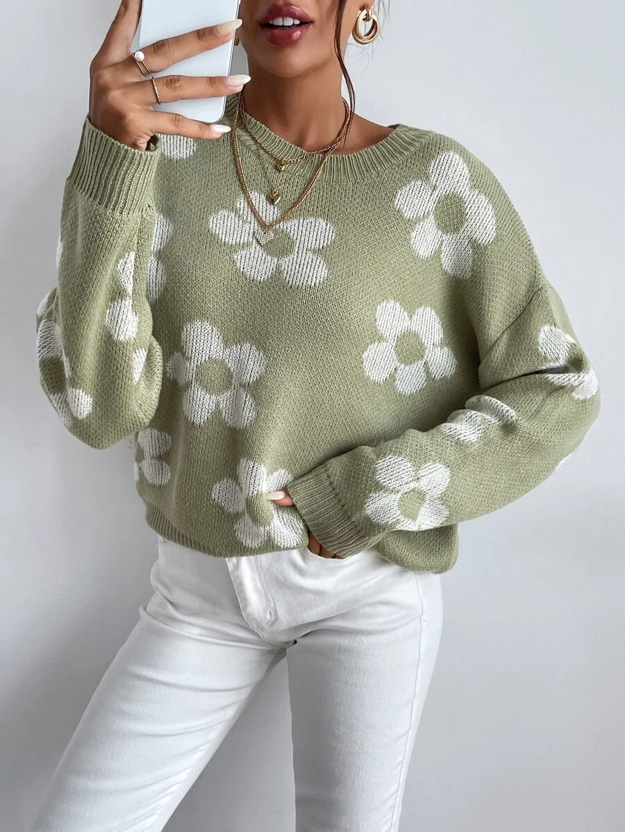 Floral Print Drop Shoulder Long Sleeve Knit Pullover Sweater Casual Fall Winter
Floral Print Drop Shoulder Long Sleeve Knit Pullover Sweater Casual Fall Winter
