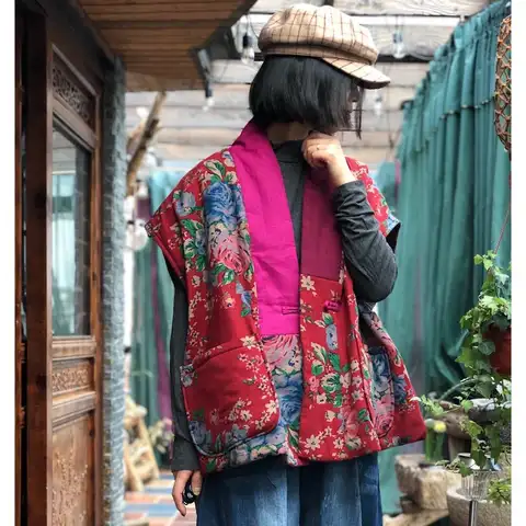 Johnature Women Vintage Cotton Linen Vests Coats Patchwork Chinese Style Sleeveless V-Neck Print Floral 2025 Winter Female Vests