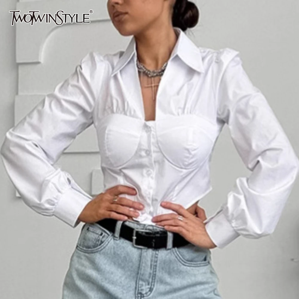 TWOTWINSTYLE French Sexy Solid Slimming Shirt for Women Lapel Lantern Sleeve Temperament Short Shirts Female Spring Clothes New
TWOTWINSTYLE French Sexy Solid Slimming Shirt for Women Lapel Lantern Sleeve Temperament Short Shirts Female Spring Clothes New