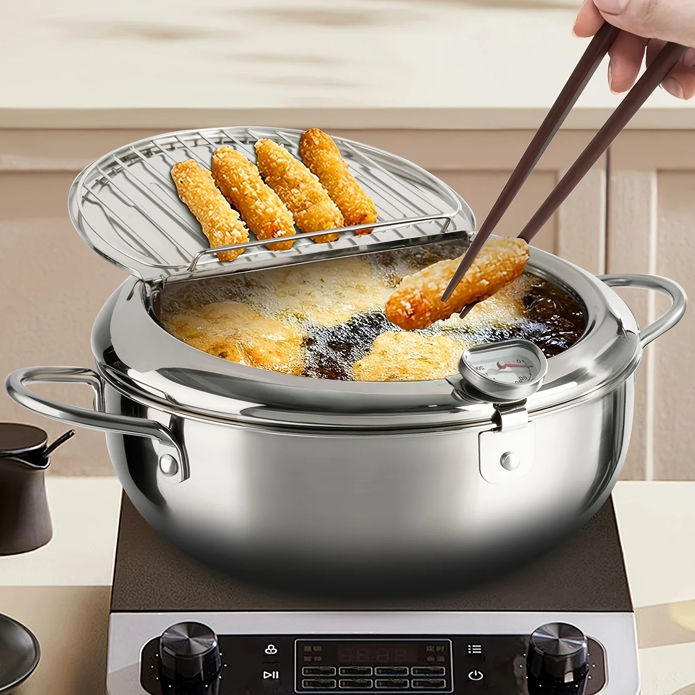 Stainless Steel Deep Frying Pot - Large Capacity Healthy Oil Drainage System, Precise Temperature Control, Compatible with Gas & Induction Stoves - Perfect for Japanese Tempura, Valentine's Day Gifts & Party Kitchen Accessories, Home Frying Pan, Sleek Kit
Stainless Steel Deep Frying Pot - Large Capacity Healthy Oil Drainage System, Precise Temperature Control, Compatible with Gas & Induction Stoves - Perfect for Japanese Tempura, Valentine's Day Gifts & Party Kitchen Accessories, Home Frying Pan, Sleek Kit