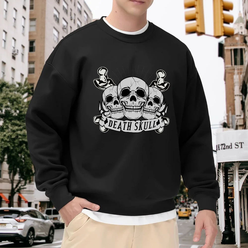 Men's Black Crew Neck Pullover Sweatshirt, Loose Fit with Skull Print Pattern, Street Fashion Casual Top, Versatile for Everyday Wear and Sports
Men's Black Crew Neck Pullover Sweatshirt, Loose Fit with Skull Print Pattern, Street Fashion Casual Top, Versatile for Everyday Wear and Sports