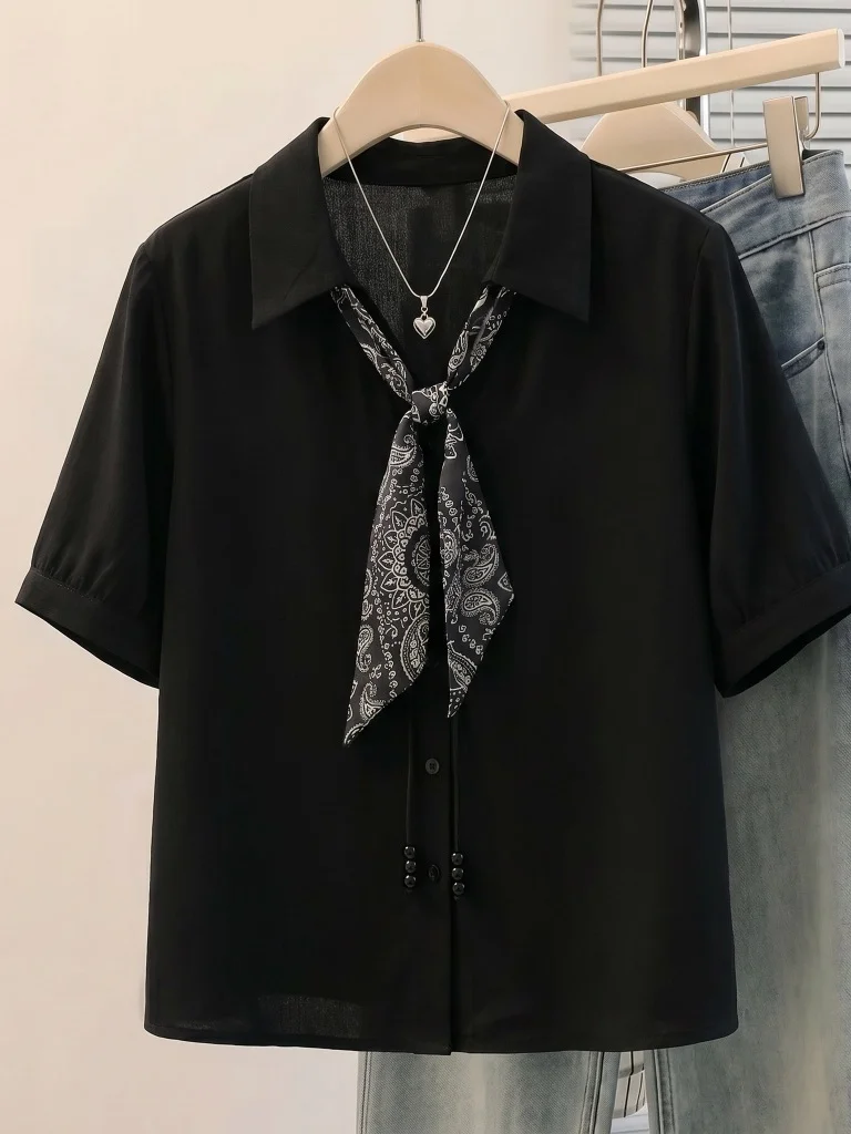 Elegant Black Silk Scarf V-Neck Short Sleeve Shirt Women's plus Size Summer New Style Slimming Top Korean Style Loose Fit
Elegant Black Silk Scarf V-Neck Short Sleeve Shirt Women's plus Size Summer New Style Slimming Top Korean Style Loose Fit