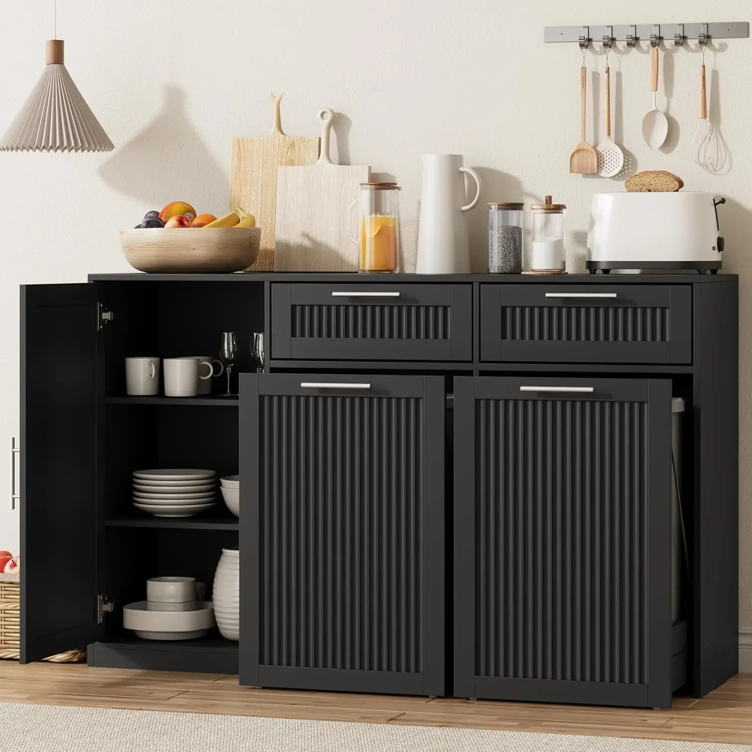 Black Wood Double Pull Out Trash Can Cabinet with Adjustable Shelf Drawers Hidden Pet Proof for Laundry Living Room
Black Wood Double Pull Out Trash Can Cabinet with Adjustable Shelf Drawers Hidden Pet Proof for Laundry Living Room