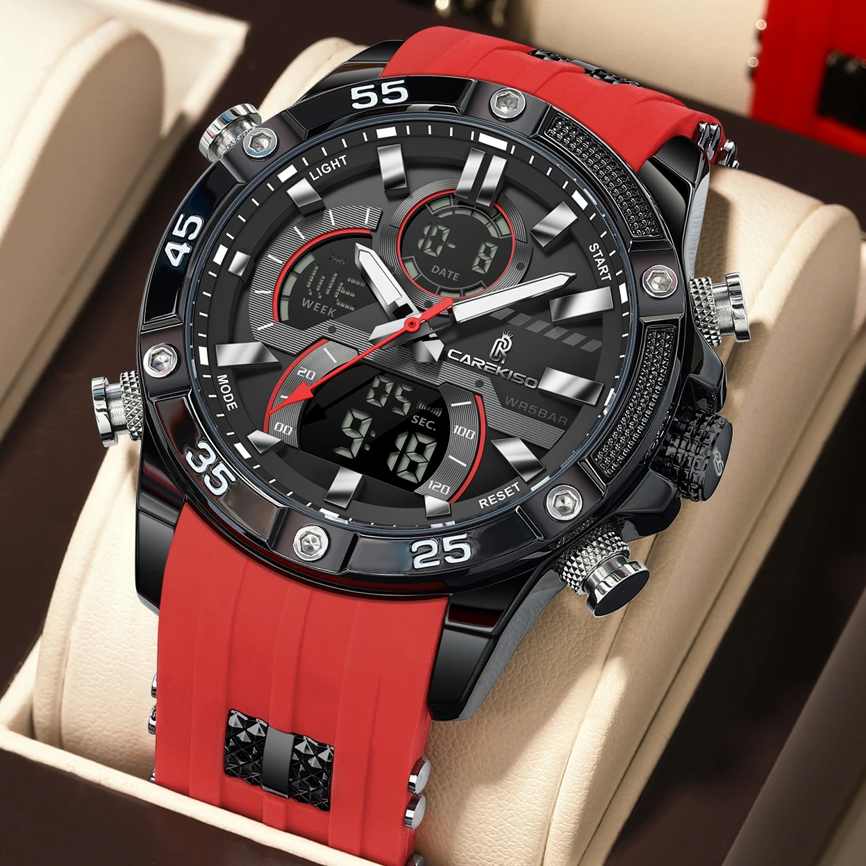 Роскошные мужские часы CAREKISO со светодиодной подсветкой, двойной дисплей времени, цифровой светящийся дисплей с указанием дня недели и даты, спортивные мужские наручные часы, электронные кварцевые мужские часы
Роскошные мужские часы CAREKISO со светодиодной подсветкой, двойной дисплей времени, цифровой светящийся дисплей с указанием дня недели и даты, спортивные мужские наручные часы, электронные кварцевые мужские часы