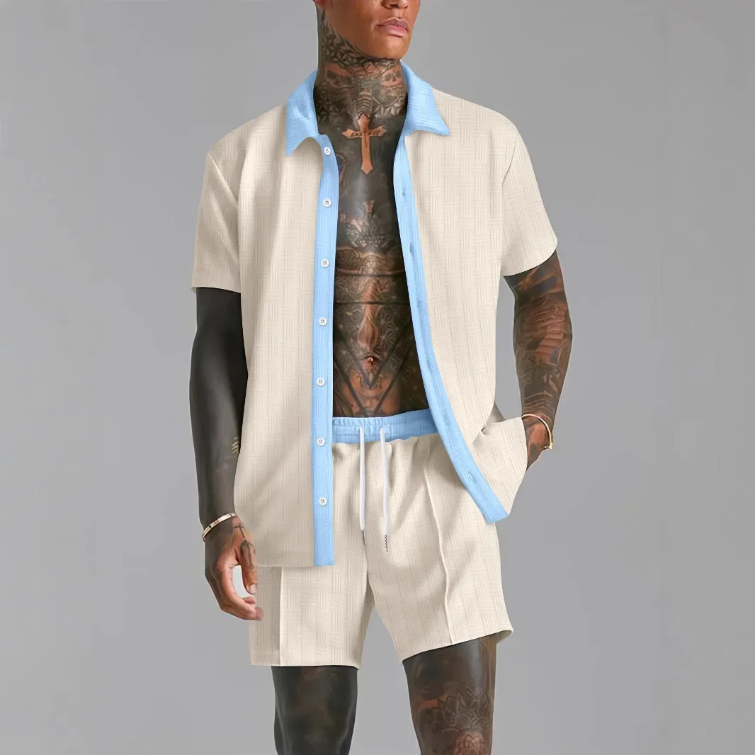 Men's Clothing Spring/Summer British-Style Comfortable And Breathable Solid-Color Jacquard Lapel Shirt Lace-Up Shorts Man Sets
Men's Clothing Spring/Summer British-Style Comfortable And Breathable Solid-Color Jacquard Lapel Shirt Lace-Up Shorts Man Sets